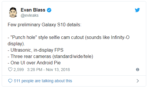 توئیت Evan Blass در مورد galaxy s10